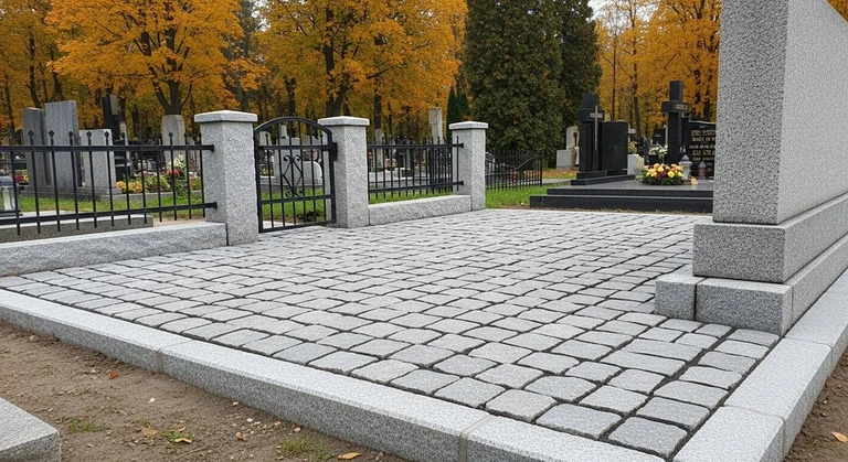Благоустройство захоронений в Туле — мощение гранитной плиткой, цоколь и ограда на ухоженном участке
