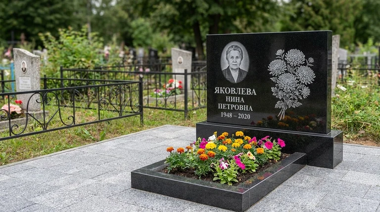 Гравировка хризантем на памятник в Туле — пример работы на граните
