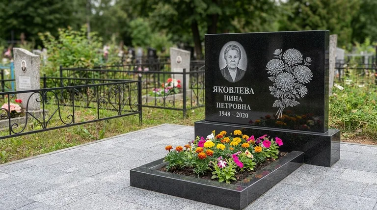 Памятник с гравировкой хризантем — выполненная работа «Соколов» в Туле