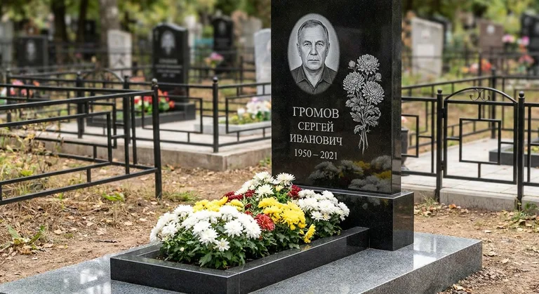 Памятник с гравировкой хризантем — выполненная работа «Громов» в Туле