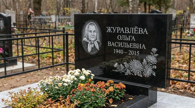Памятник с гравировкой хризантем — выполненная работа «Журавлёва» в Туле