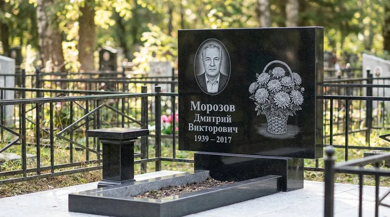 Памятник с гравировкой хризантем — выполненная работа «Морозов» в Туле