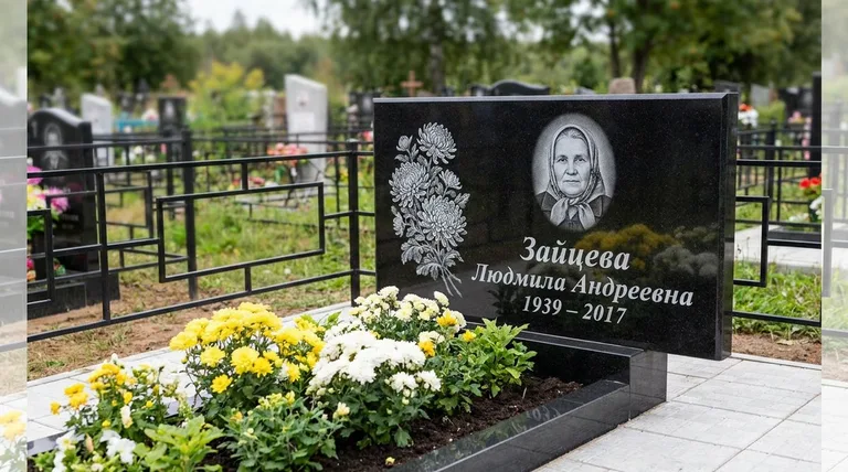 Памятник с гравировкой хризантем — выполненная работа «Зайцева» в Туле