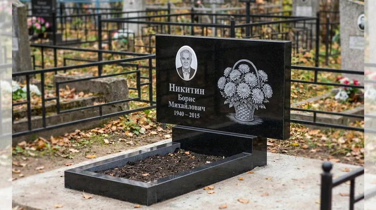 Памятник с гравировкой хризантем — выполненная работа «Никитин» в Туле