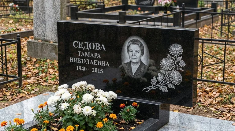 Памятник с гравировкой хризантем — выполненная работа «Седова» в Туле