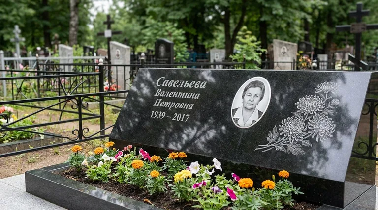 Памятник с гравировкой хризантем — выполненная работа «Савельева» в Туле