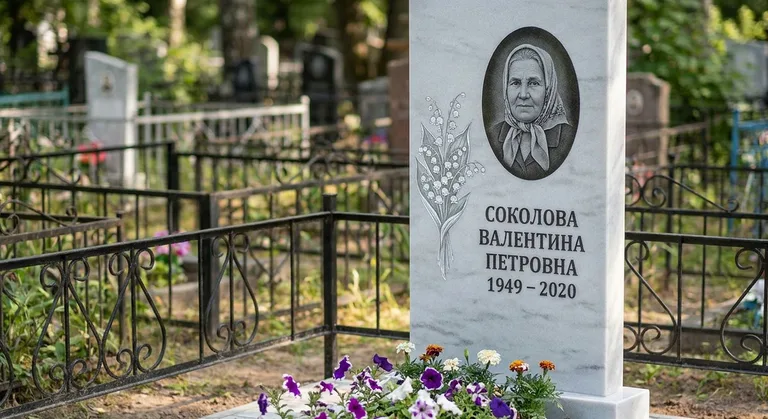 Памятник с гравировкой ландышей — выполненная работа «Соколова» в Туле