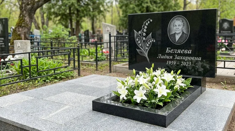 Памятник с гравировкой ландышей — выполненная работа «Беляева» в Туле