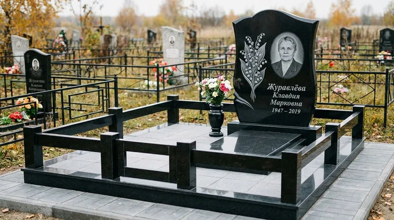 Памятник с гравировкой ландышей — выполненная работа «Журавлёва» в Туле