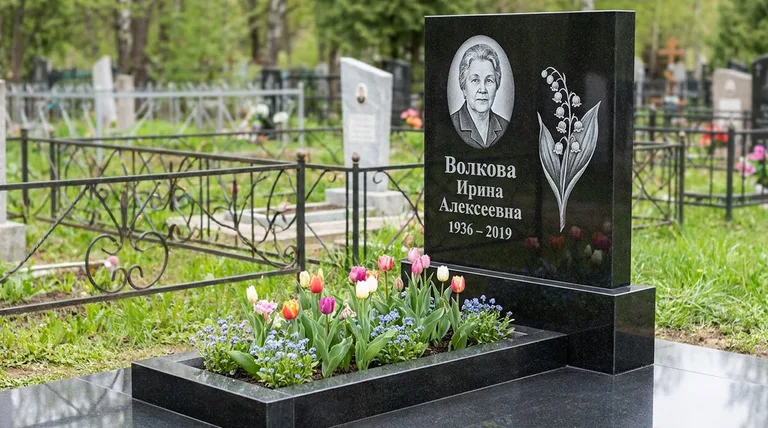 Памятник с гравировкой ландышей — выполненная работа «Волкова» в Туле