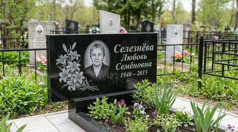 Памятник с гравировкой лилий — выполненная работа «Селезнёва» в Туле