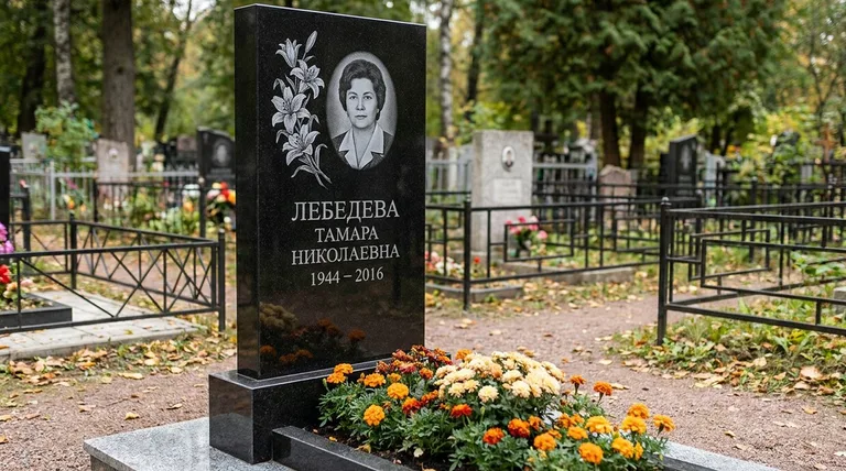 Памятник с гравировкой лилий — выполненная работа «Лебедева» в Туле