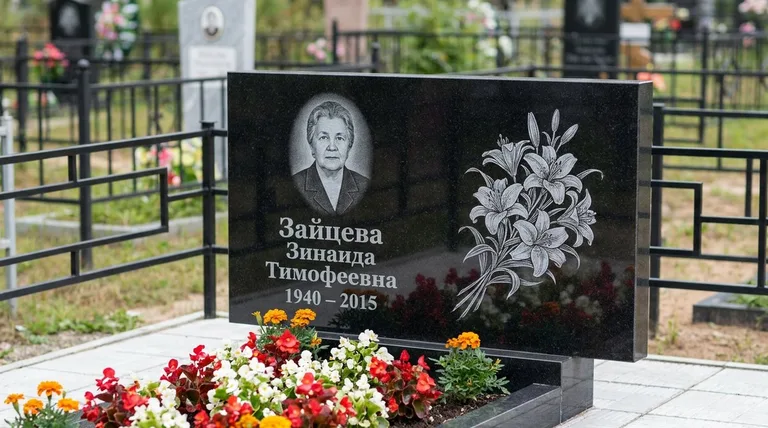 Памятник с гравировкой лилий — выполненная работа «Зайцева» в Туле