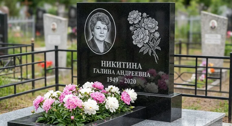 Памятник с гравировкой пионов — выполненная работа «Никитина» в Туле