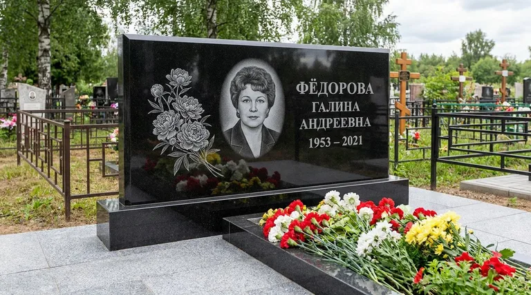 Памятник с гравировкой пионов — выполненная работа «Фёдорова» в Туле