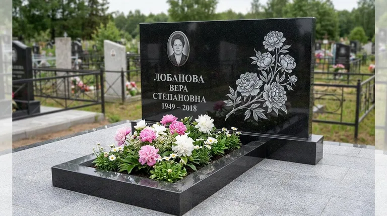 Памятник с гравировкой пионов — выполненная работа «Лобанова» в Туле