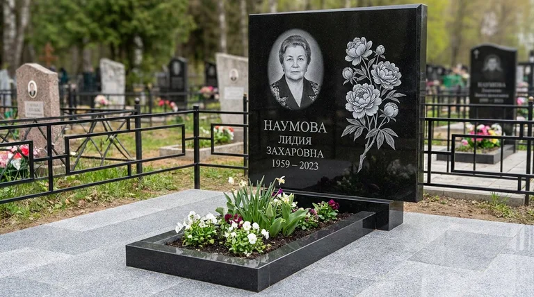 Памятник с гравировкой пионов — выполненная работа «Наумова» в Туле