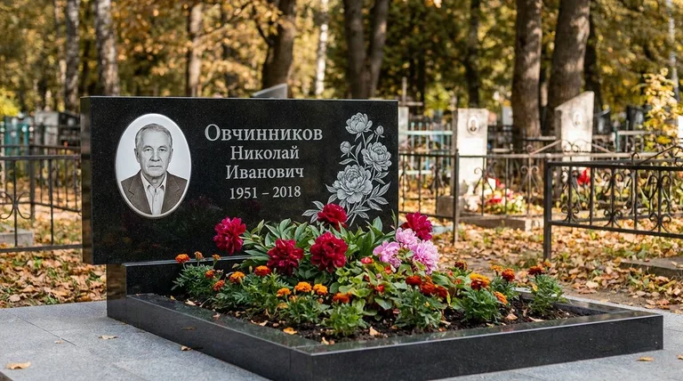 Памятник с гравировкой пионов — выполненная работа «Овчинников» в Туле