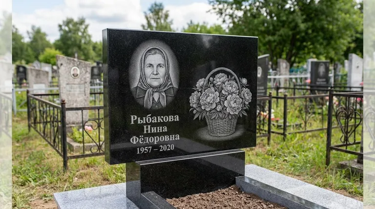 Памятник с гравировкой пионов — выполненная работа «Рыбакова» в Туле