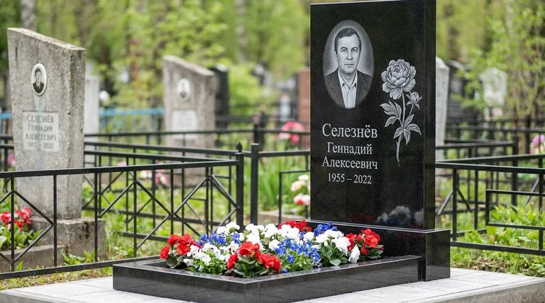 Памятник с гравировкой пионов — выполненная работа «Селезнёв» в Туле