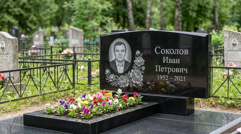 Памятник с гравировкой пионов — выполненная работа «Соколов» в Туле