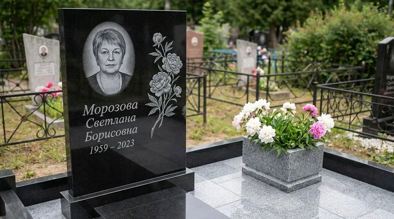 Памятник с гравировкой пионов — выполненная работа «Морозова» в Туле