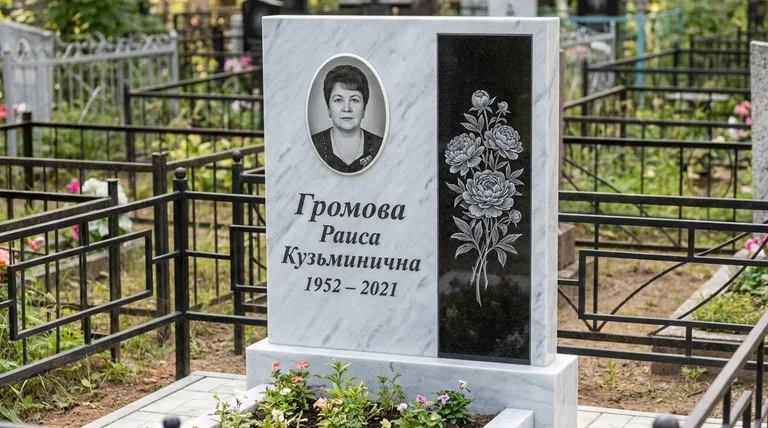 Памятник с гравировкой пионов — выполненная работа «Громова» в Туле