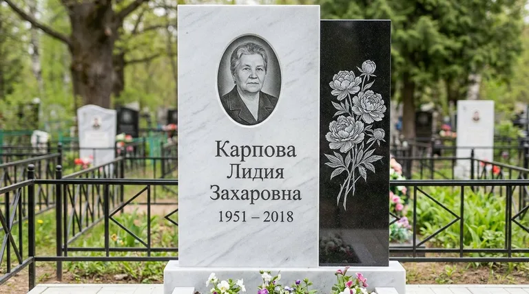 Памятник с гравировкой пионов — выполненная работа «Карпова» в Туле