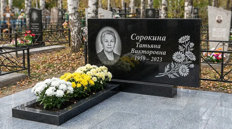 Памятник с гравировкой ромашек — выполненная работа «Сорокина» в Туле
