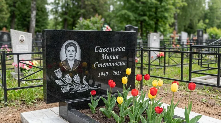 Памятник с гравировкой тюльпанов — выполненная работа «Савельева» в Туле