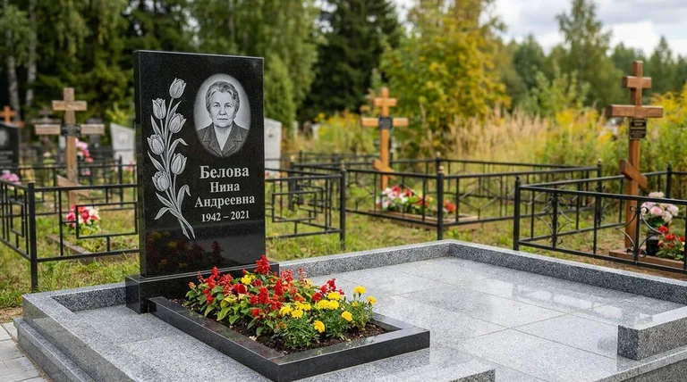 Памятник с гравировкой тюльпанов — выполненная работа «Белова» в Туле