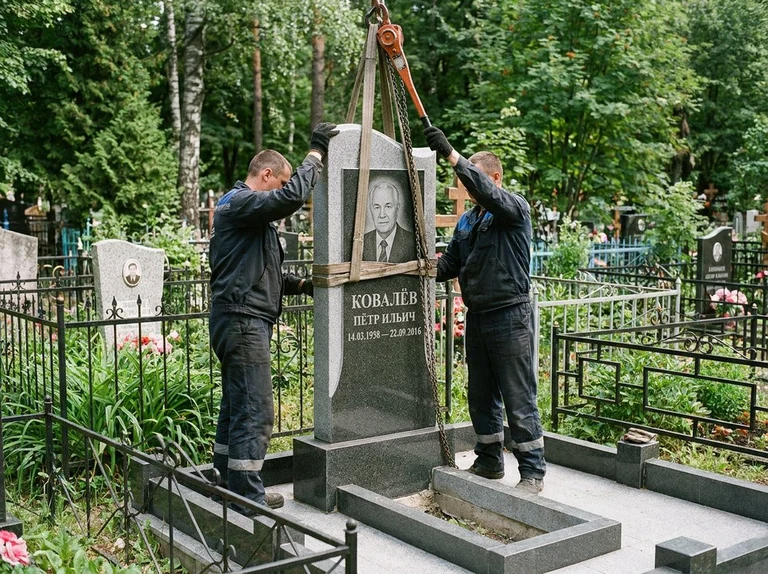 Демонтаж памятника на кладбище в Туле — бригада аккуратно снимает старый гранитный памятник с могилы
