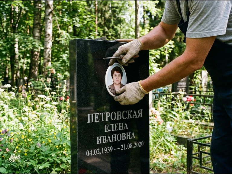 Фото на керамике на памятник в Туле — мастер устанавливает овальный керамический портрет на гранитный памятник