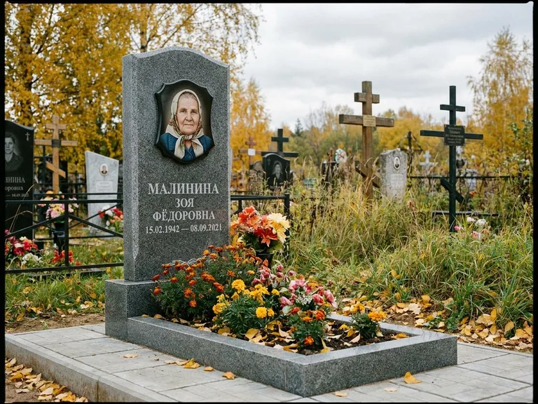 Чёрно-белый керамический портрет на памятнике в Туле