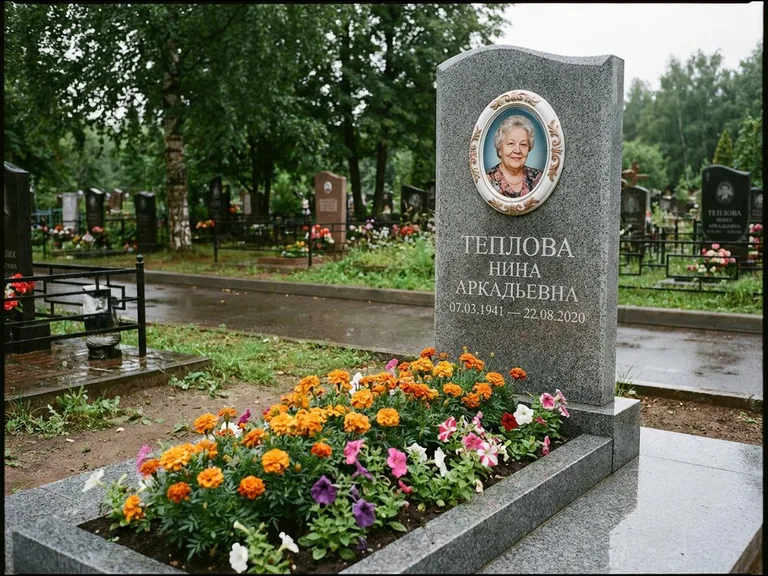 Керамический портрет на памятнике с цветами в Туле