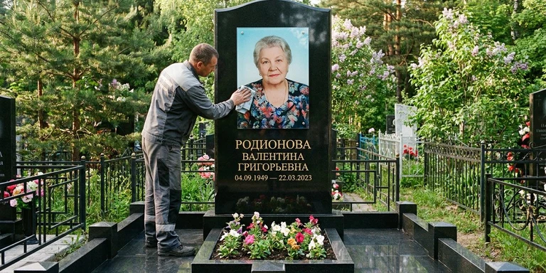 Фотокерамика и печать фото на памятник в Туле — мастер устанавливает цветной портрет на стекле на гранитный памятник