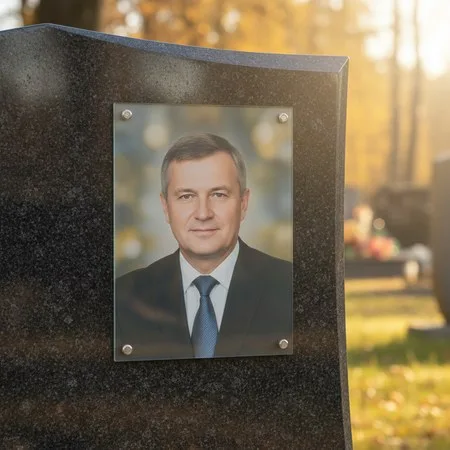 Портрет на стекле на держателях на чёрном граните в Туле