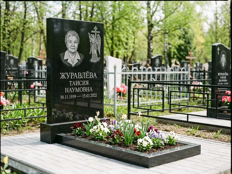Памятник с гравировкой ангела — гравировка ангела с голубем по диагонали стелы, работа «Журавлёва» в Туле