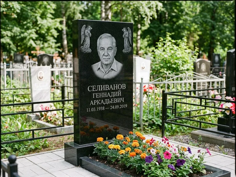 Памятник с гравировкой ангела — гравировка двух ангелов по сторонам портрета, работа «Селиванов» в Туле