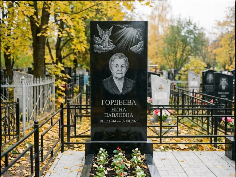 Памятник с гравировкой ангела — гравировка ангела в облаках с лучами над портретом, работа «Гордеева» в Туле