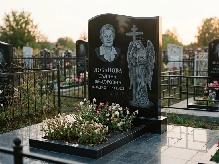 Памятник с гравировкой ангела — гравировка ангела с крестом рядом с эпитафией, работа «Лобанова» в Туле