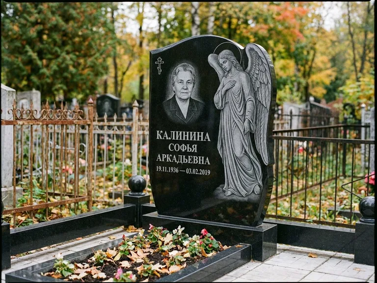 Памятник с гравировкой ангела — гравировка ангела с крестом рядом с эпитафией, работа «Игнатова» в Туле
