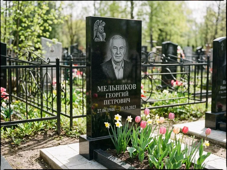 Памятник с гравировкой ангела — гравировка ангела с голубем по диагонали стелы, работа «Доронин» в Туле