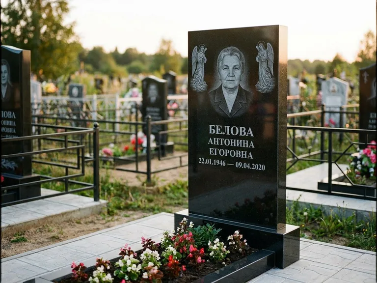 Памятник с гравировкой ангела — белая гравировка скорбящего ангела над портретом, работа «Журавлёва» в Туле