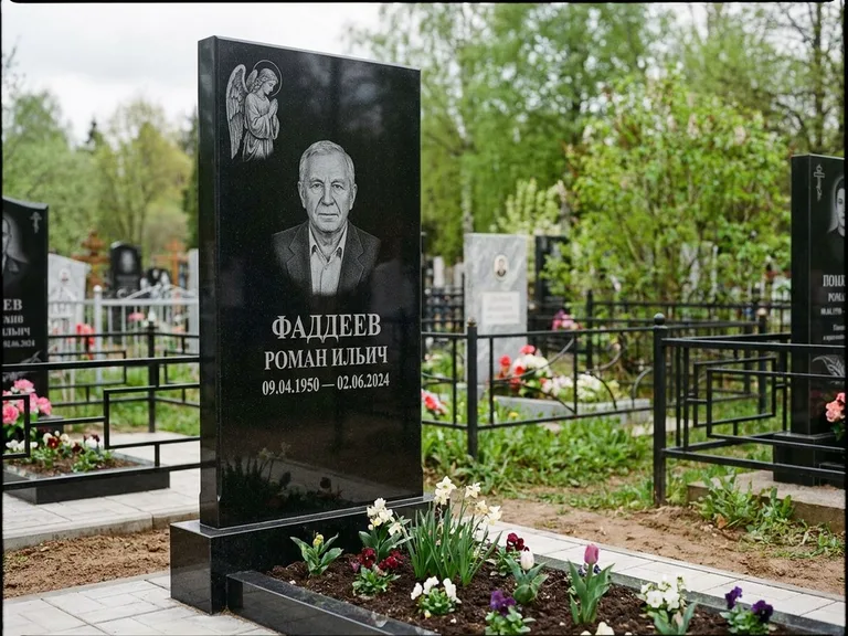 Памятник с гравировкой ангела — гравировка молящегося ангела в верхней части стелы, работа «Фаддеев» в Туле