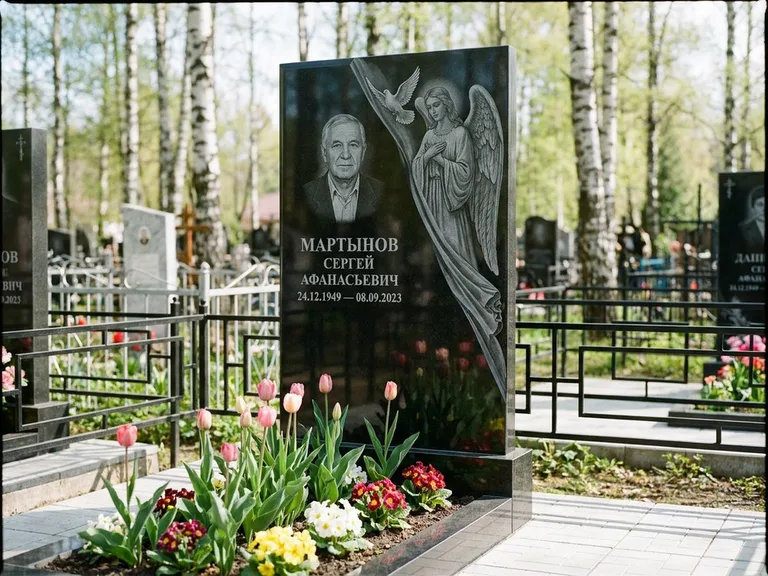 Памятник с гравировкой ангела — гравировка двух ангелов по сторонам портрета, работа «Касаткин» в Туле