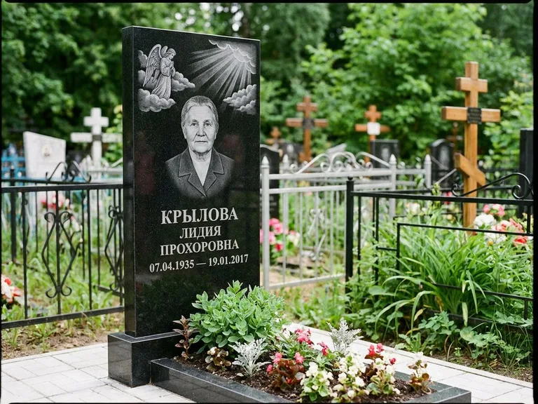 Памятник с гравировкой ангела — гравировка ангела в облаках с лучами над портретом, работа «Лобанова» в Туле
