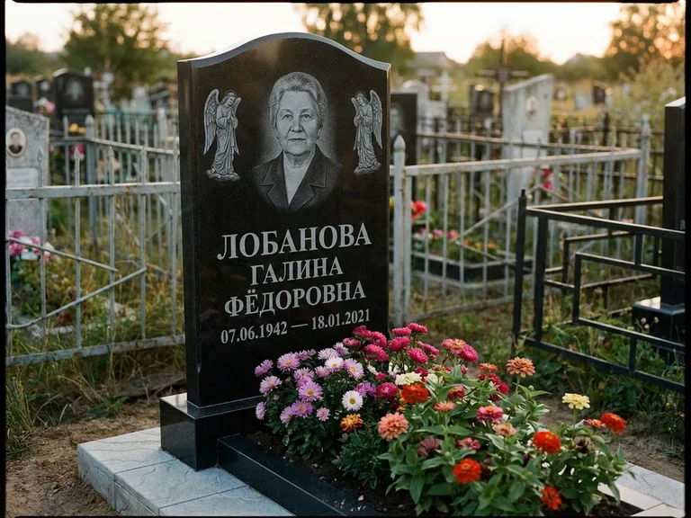 Памятник с гравировкой ангела — гравировка двух ангелов по сторонам портрета, работа «Лобанова» в Туле