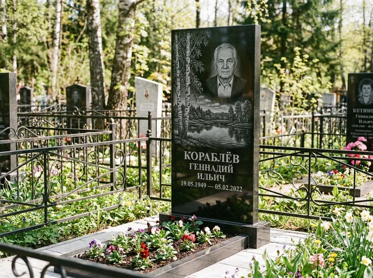 Памятник с гравировкой берёзы — гравировка берёзы у зеркального озера, работа «Кораблёв» в Туле