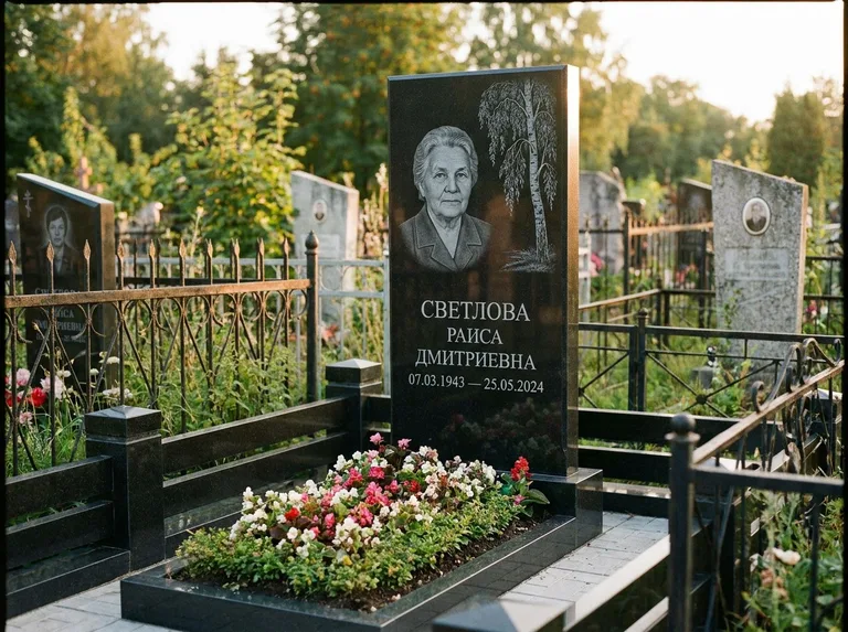 Памятник с гравировкой берёзы — гравировка плакучей берёзы с тонкими ветвями, работа «Светлова» в Туле